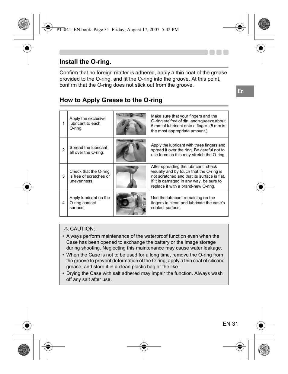 Install the o-ring, How to apply grease to the o-ring | Olympus PT-041 User Manual | Page 69 / 268