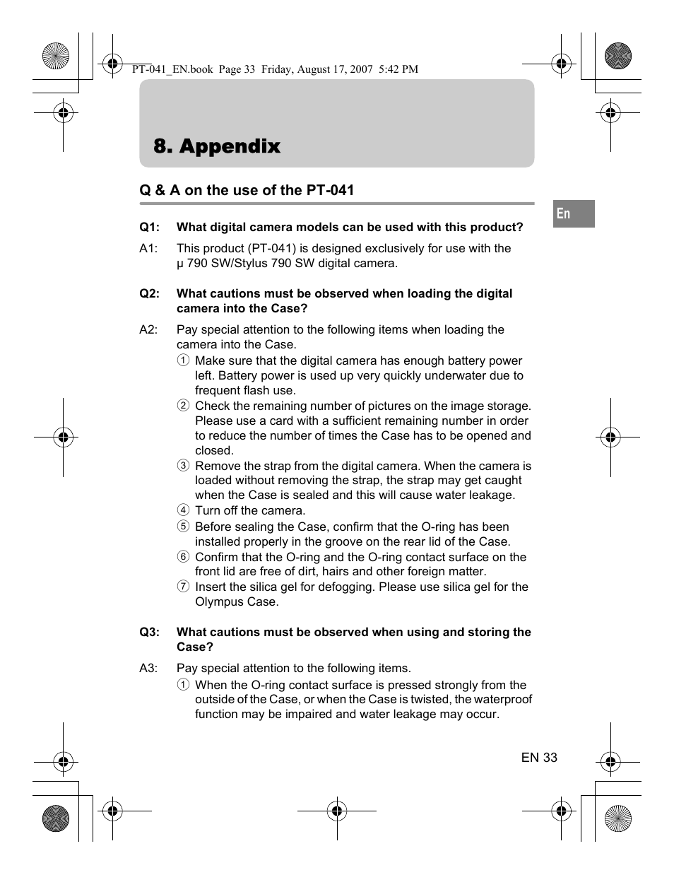 Appendix, Q & a on the use of the pt-041 | Olympus PT-041 User Manual | Page 71 / 268
