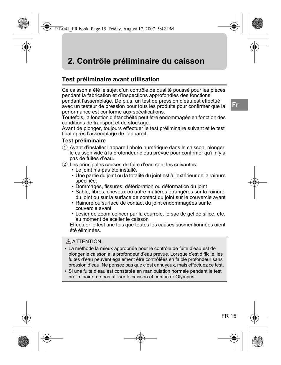 Contrôle préliminaire du caisson | Olympus PT-041 User Manual | Page 91 / 268