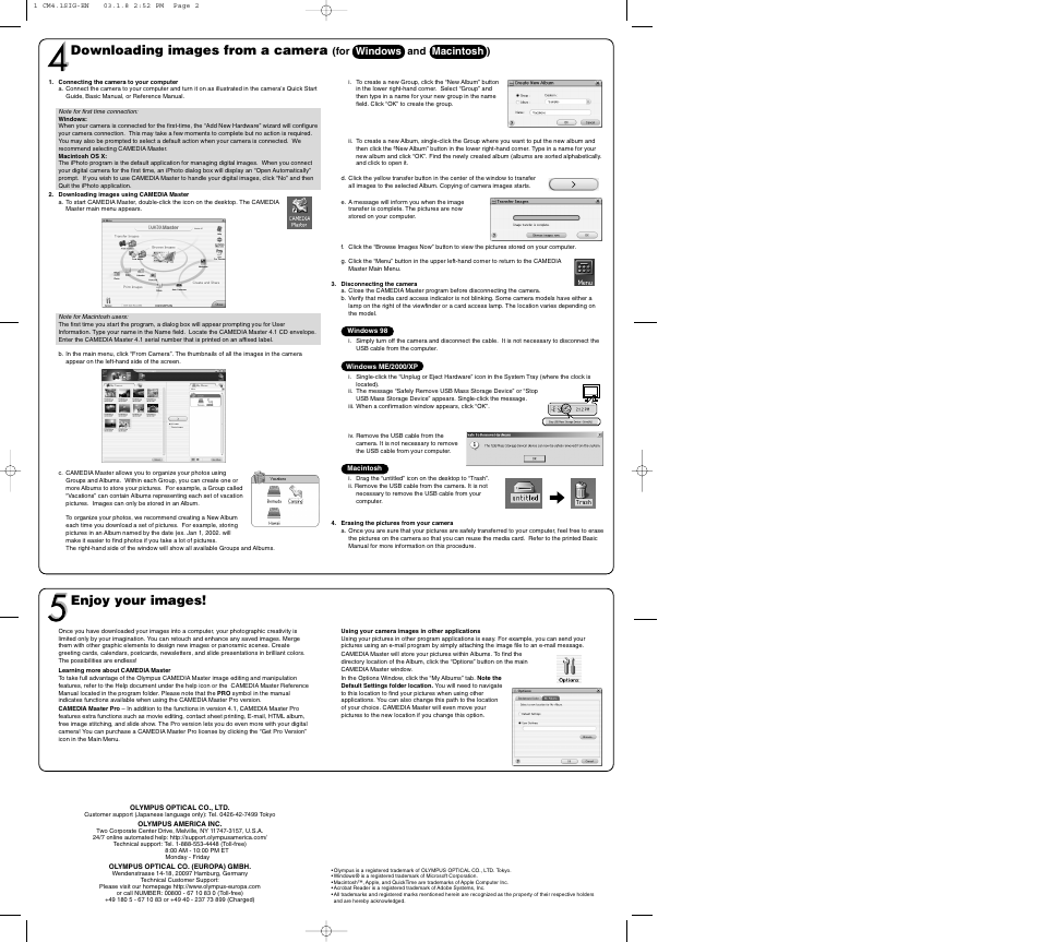 Downloading images from a camera, Enjoy your images, For windows and macintosh ) | Olympus Stylus 400 Digital User Manual | Page 2 / 2