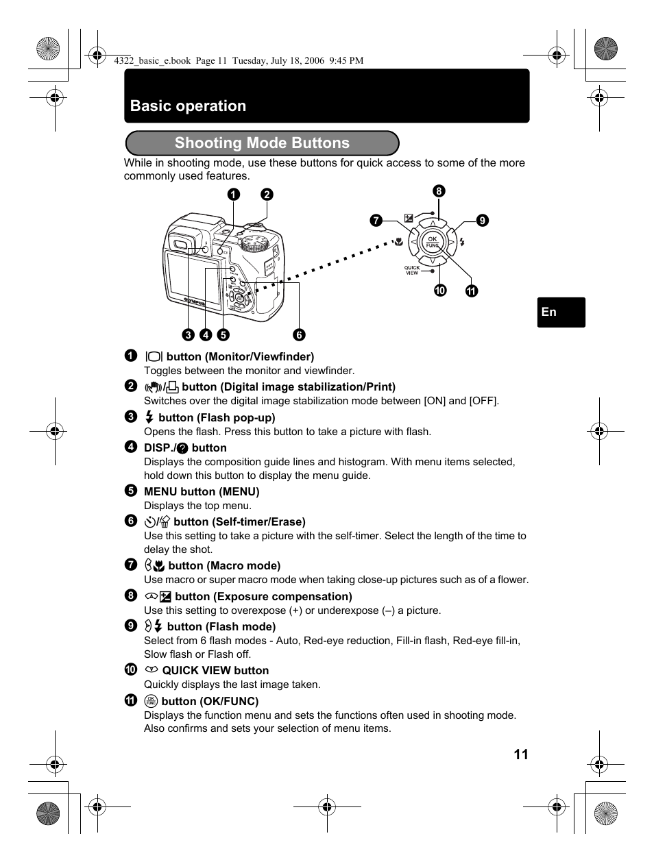 Basic operation, Shooting mode buttons | Olympus SP-510 UZ User Manual | Page 11 / 76