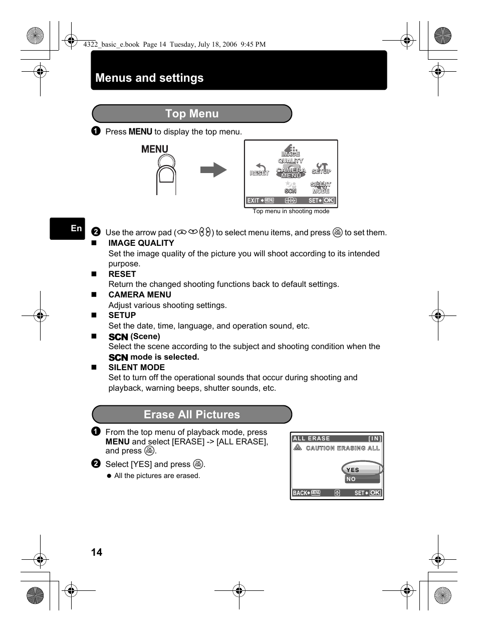 Menus and settings, Top menu, Erase all pictures | Olympus SP-510 UZ User Manual | Page 14 / 76