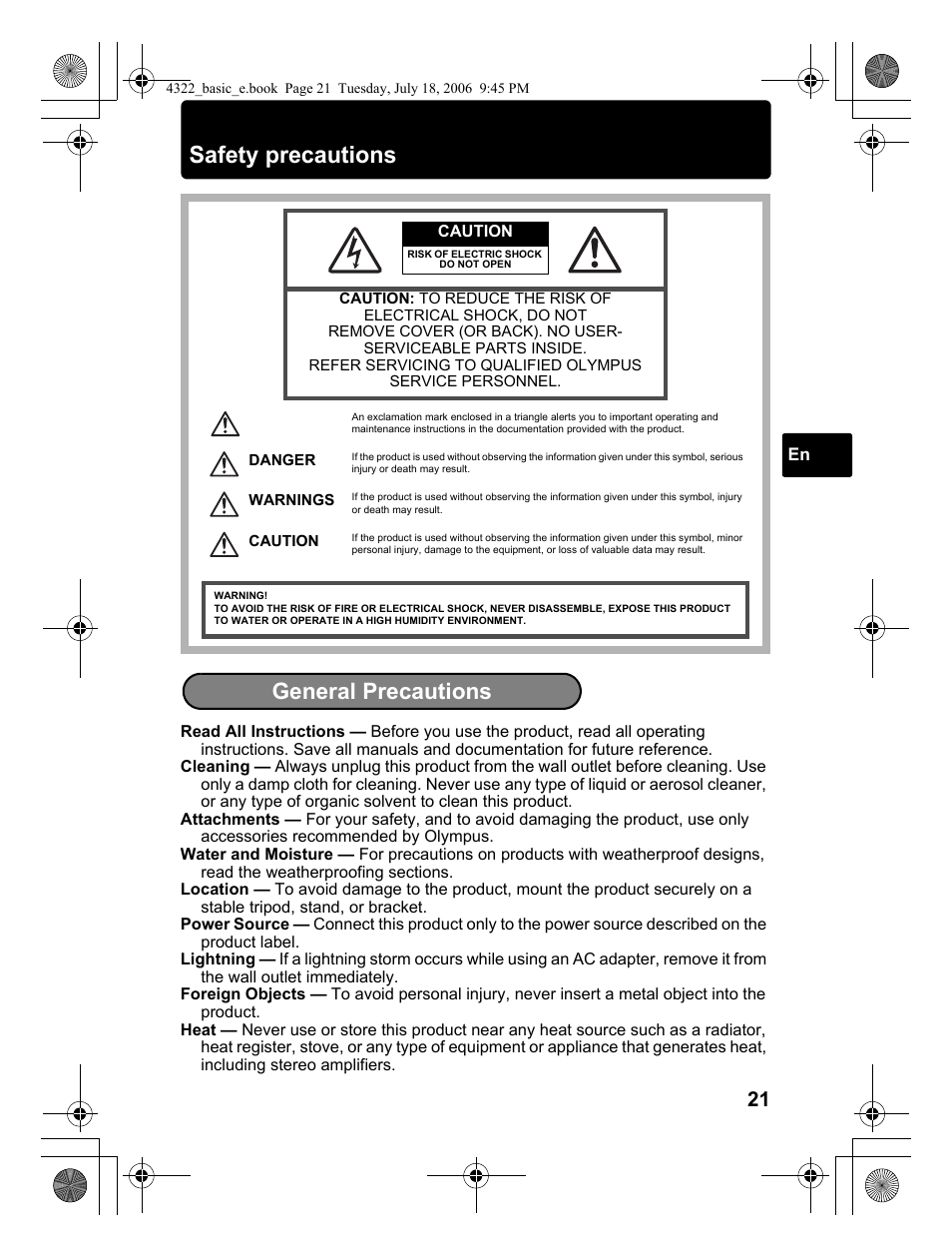 Safety precautions, General precautions | Olympus SP-510 UZ User Manual | Page 21 / 76