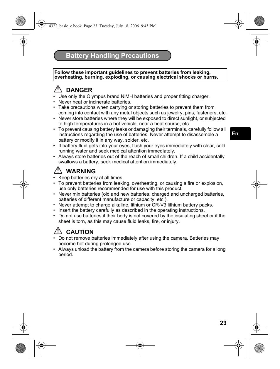 Battery handling precautions | Olympus SP-510 UZ User Manual | Page 23 / 76