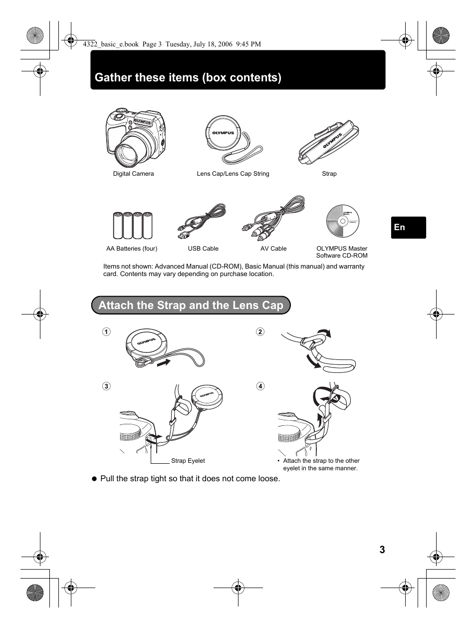 Gather these items (box contents), Attach the strap and the lens cap | Olympus SP-510 UZ User Manual | Page 3 / 76
