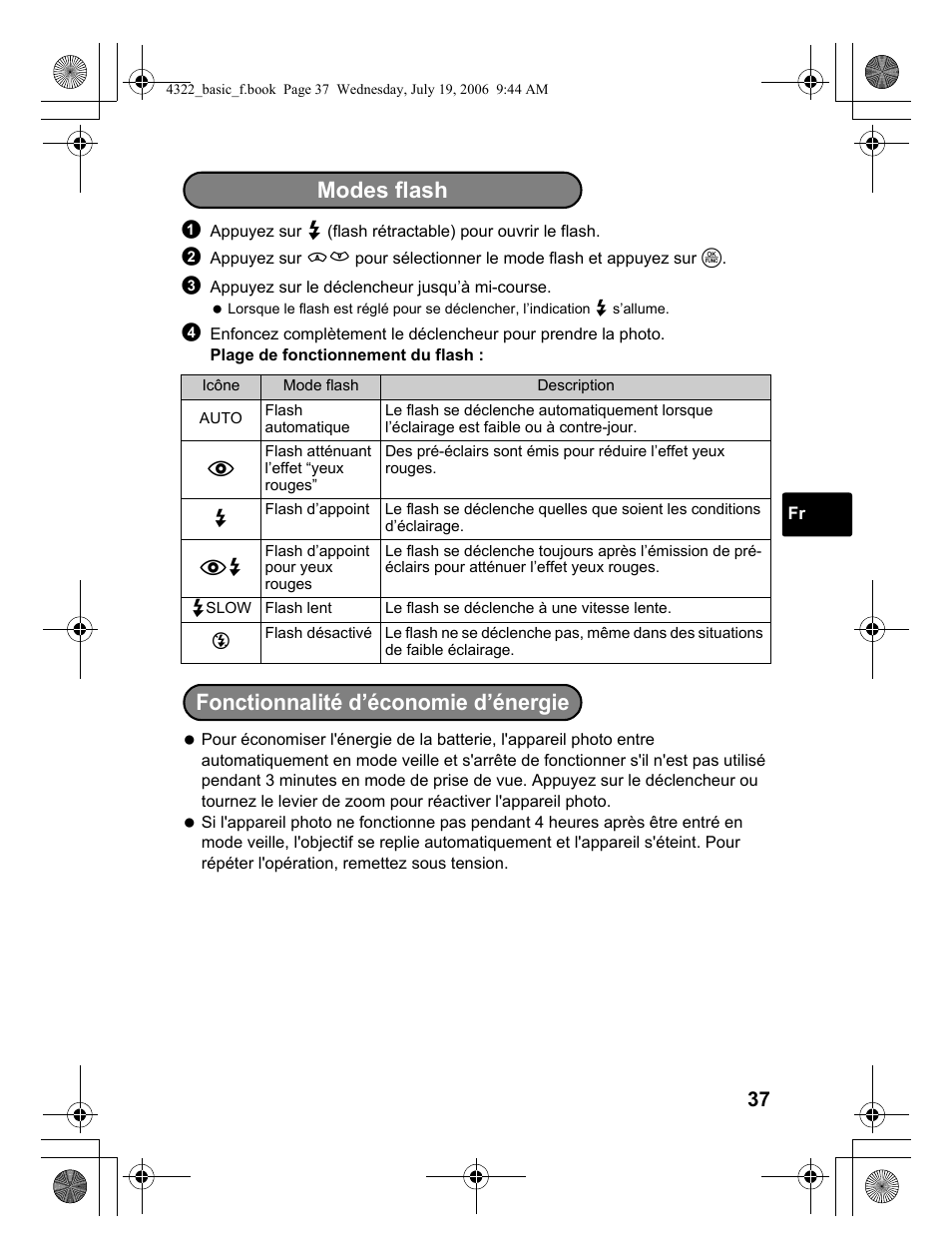 Modes flash fonctionnalité d’économie d’énergie | Olympus SP-510 UZ User Manual | Page 37 / 76