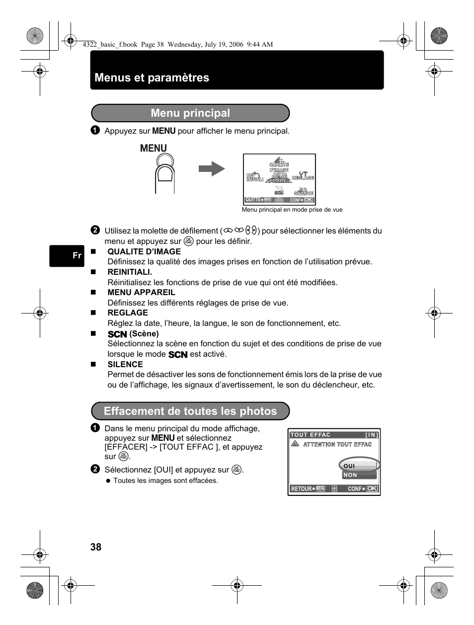 Menus et paramètres, Menu principal, Effacement de toutes les photos | Appuyez sur  pour afficher le menu principal, Sélectionnez [oui] et appuyez sur | Olympus SP-510 UZ User Manual | Page 38 / 76