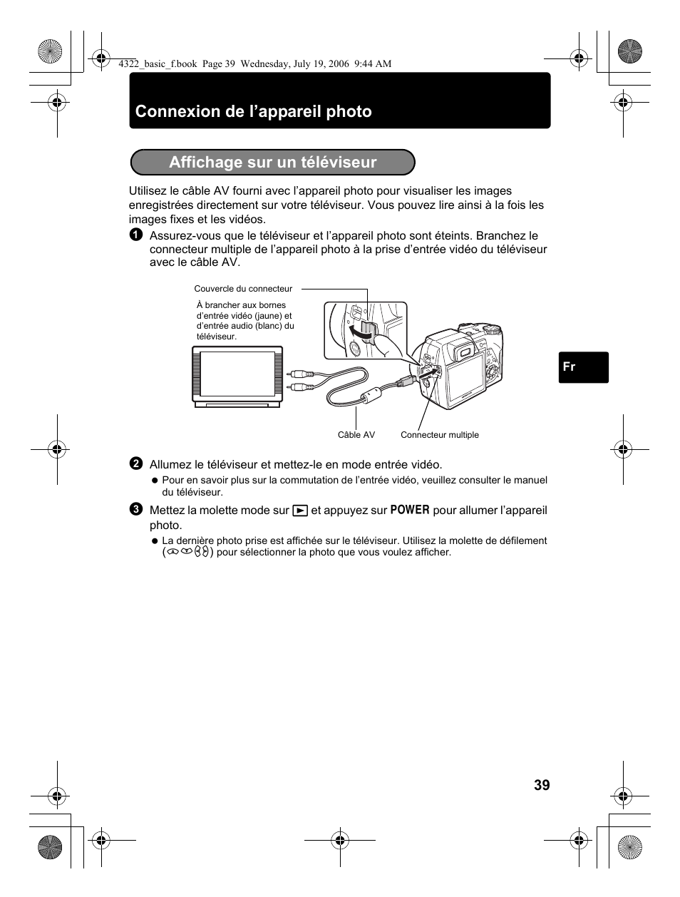 Connexion de l’appareil photo, Affichage sur un téléviseur | Olympus SP-510 UZ User Manual | Page 39 / 76