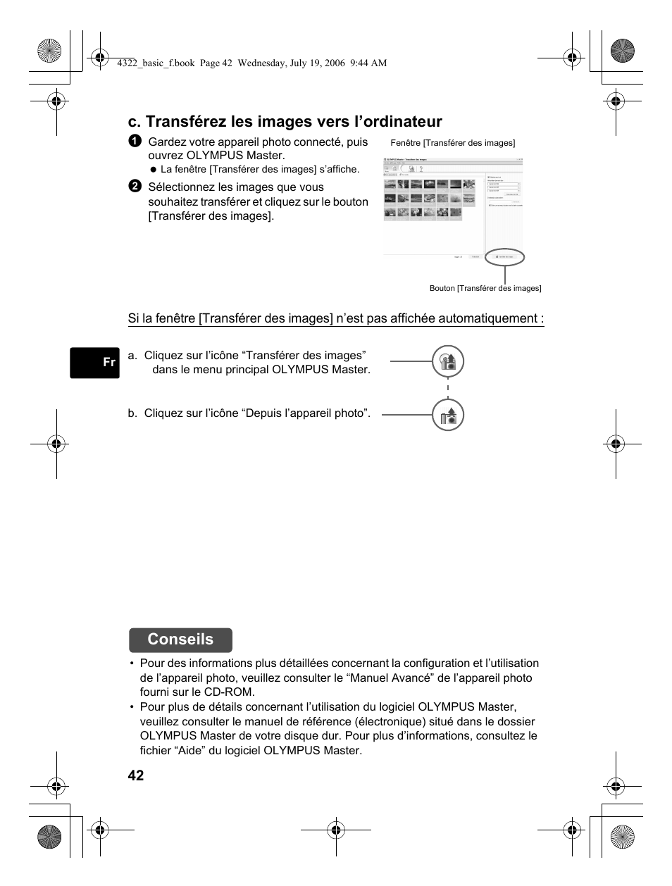 C. transférez les images vers l’ordinateur, Conseils | Olympus SP-510 UZ User Manual | Page 42 / 76
