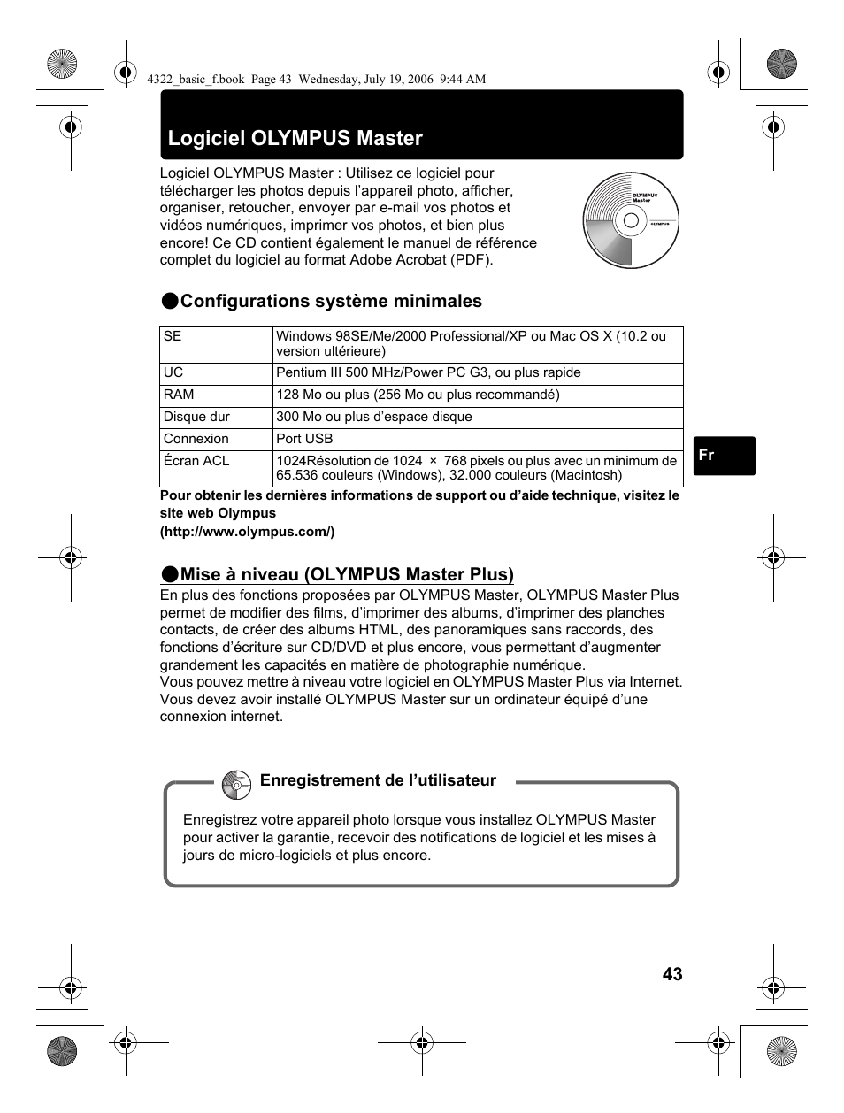 Logiciel olympus master, Configurations système minimales, Mise à niveau (olympus master plus) | Olympus SP-510 UZ User Manual | Page 43 / 76