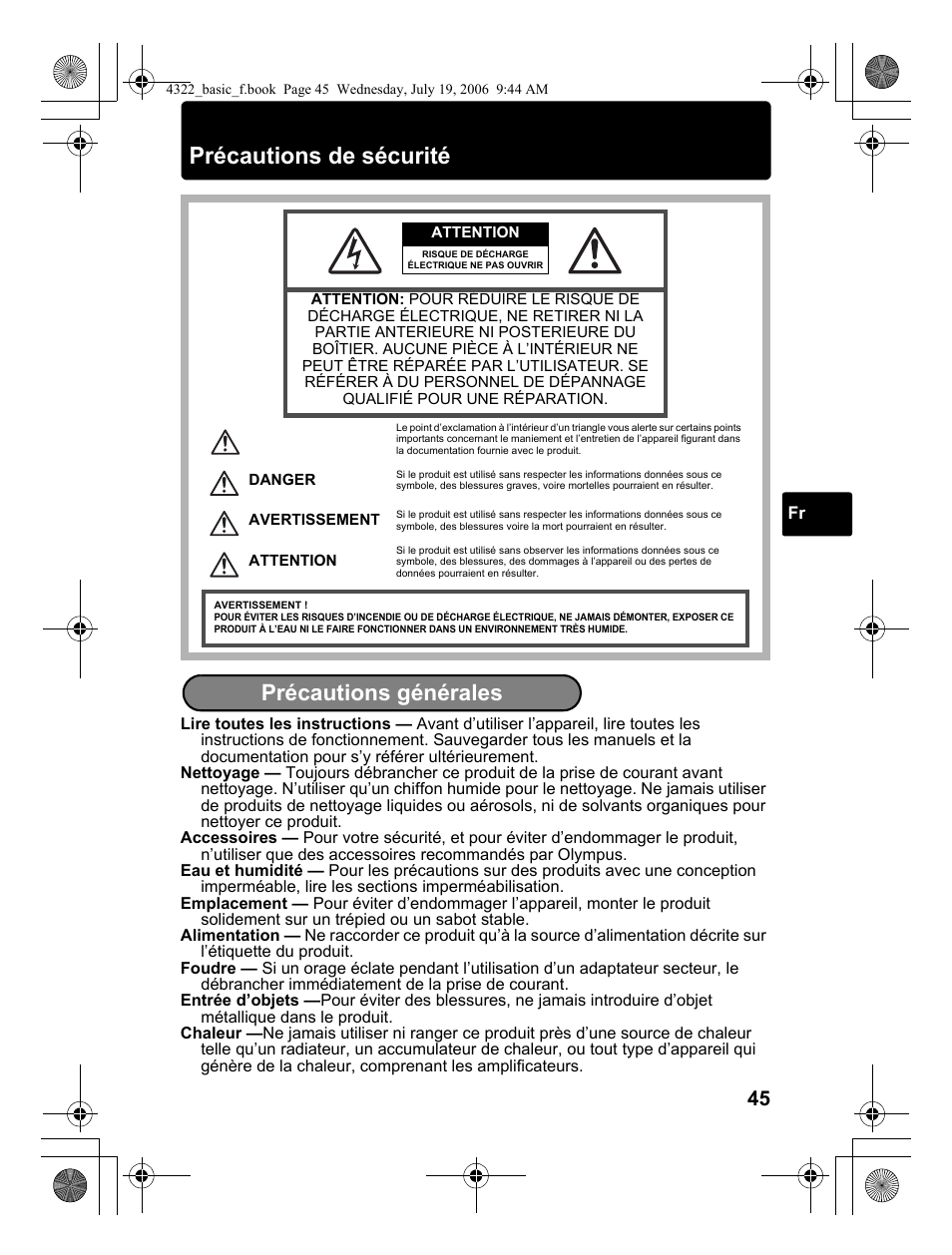 Précautions de sécurité, Précautions générales | Olympus SP-510 UZ User Manual | Page 45 / 76