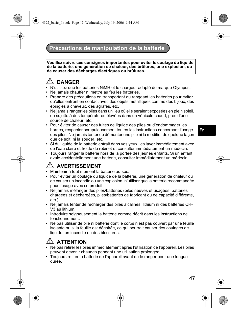 Précautions de manipulation de la batterie | Olympus SP-510 UZ User Manual | Page 47 / 76
