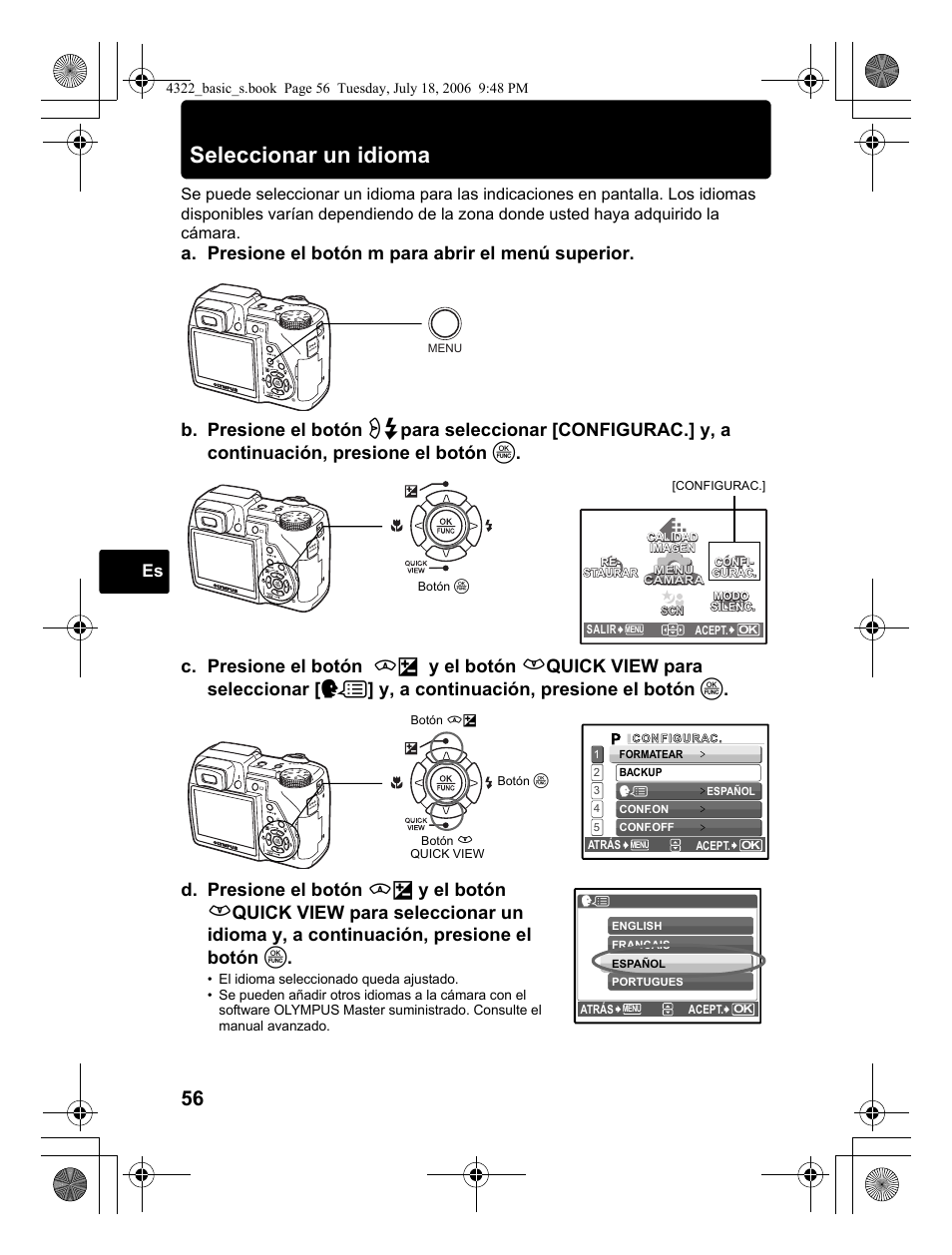 Seleccionar un idioma | Olympus SP-510 UZ User Manual | Page 56 / 76