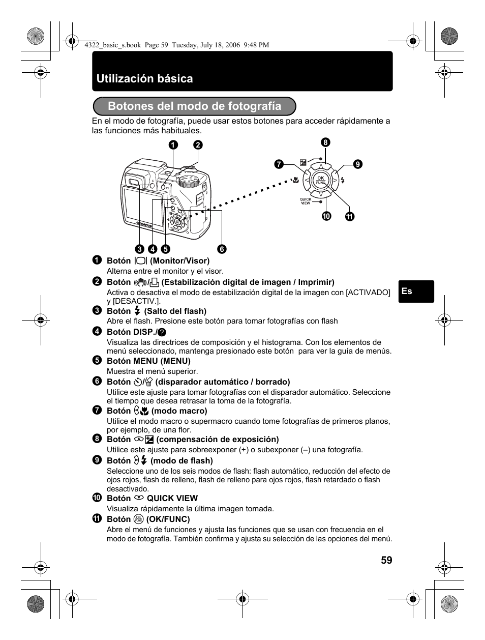 Utilización básica, Botones del modo de fotografía | Olympus SP-510 UZ User Manual | Page 59 / 76