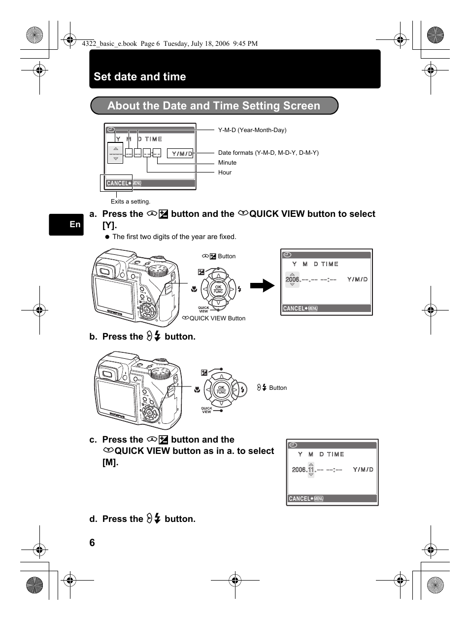 Set date and time, About the date and time setting screen | Olympus SP-510 UZ User Manual | Page 6 / 76