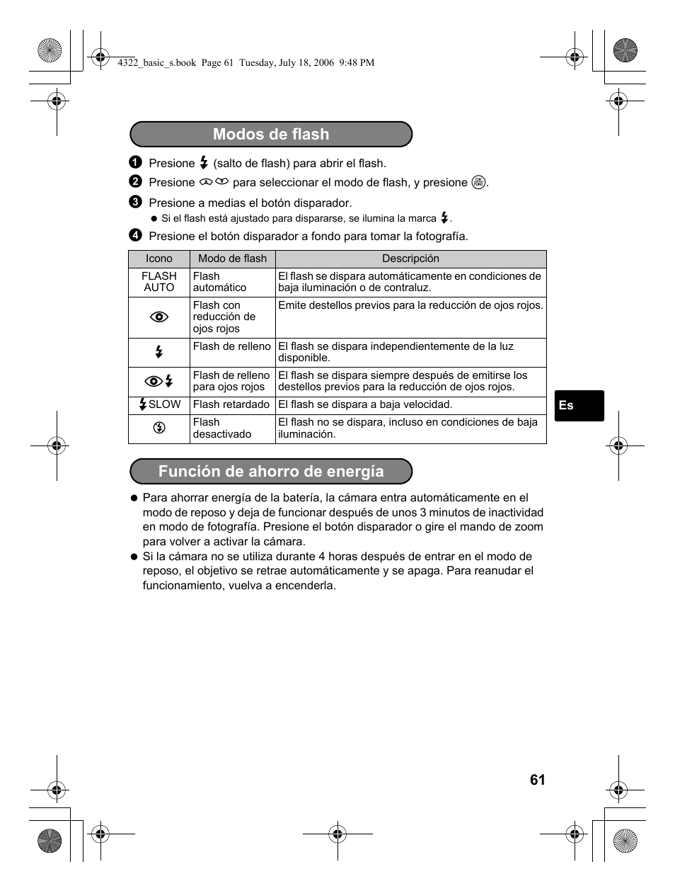 Modos de flash función de ahorro de energía | Olympus SP-510 UZ User Manual | Page 61 / 76