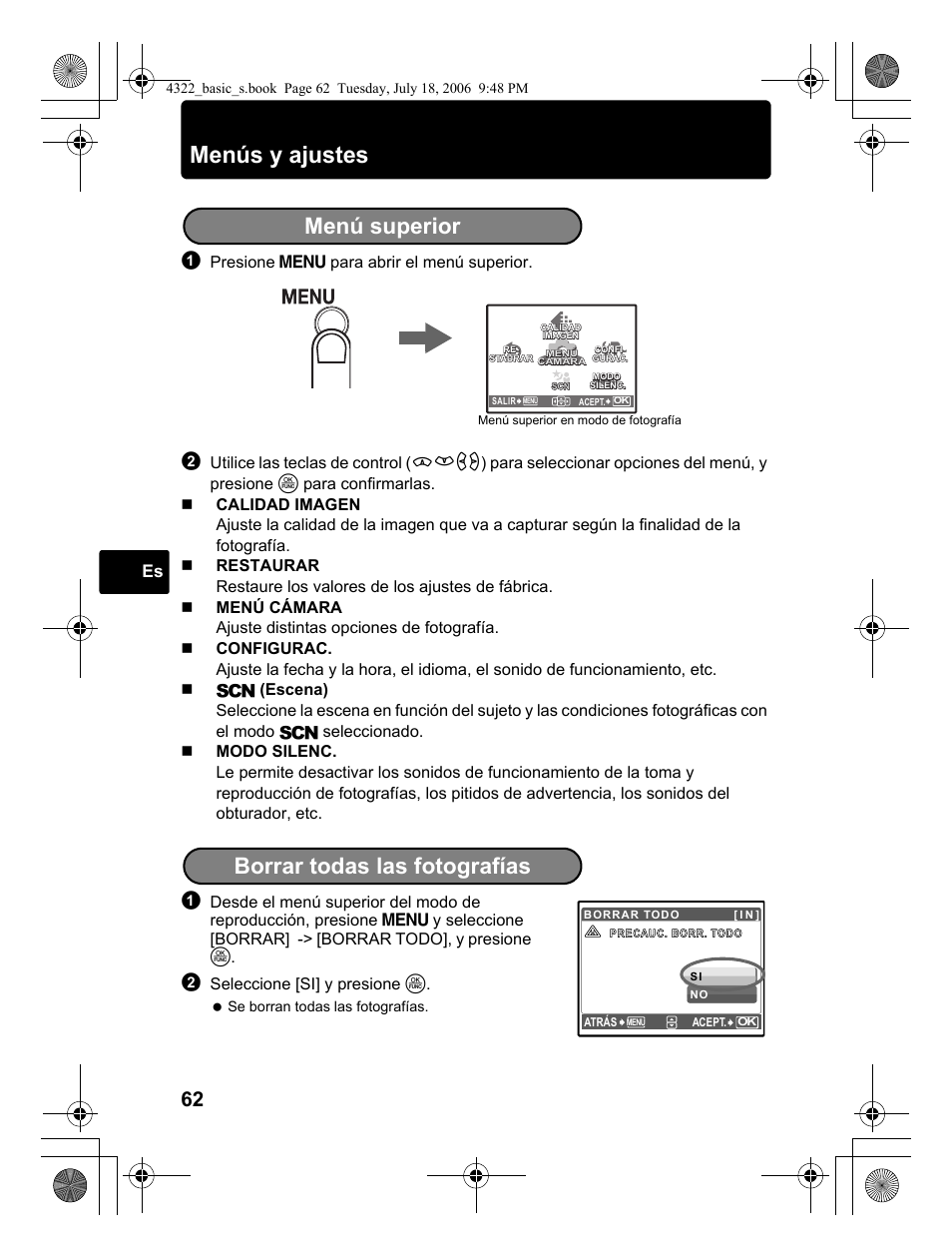 Menús y ajustes, Menú superior, Borrar todas las fotografías | Presione m para abrir el menú superior, Seleccione [si] y presione o | Olympus SP-510 UZ User Manual | Page 62 / 76