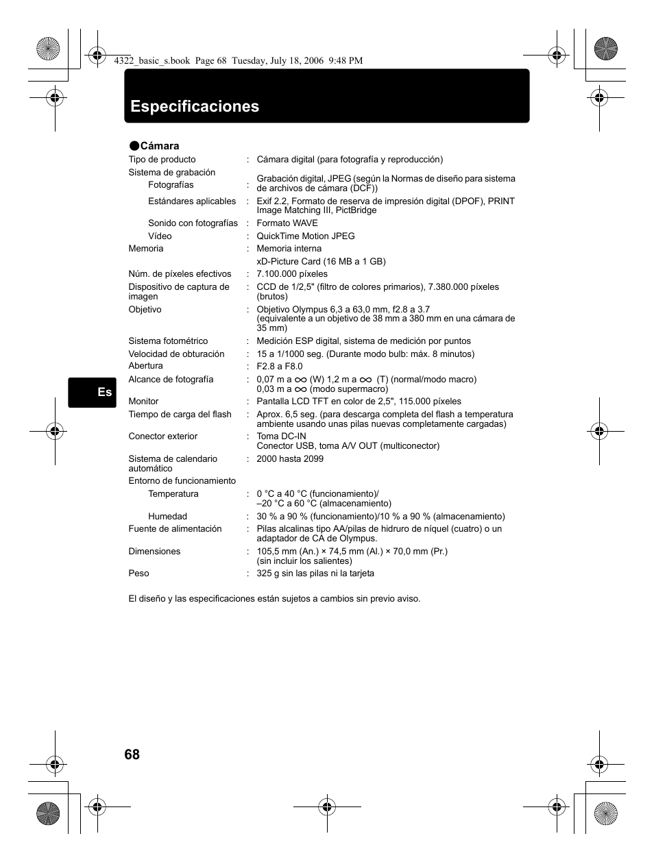 Especificaciones | Olympus SP-510 UZ User Manual | Page 68 / 76