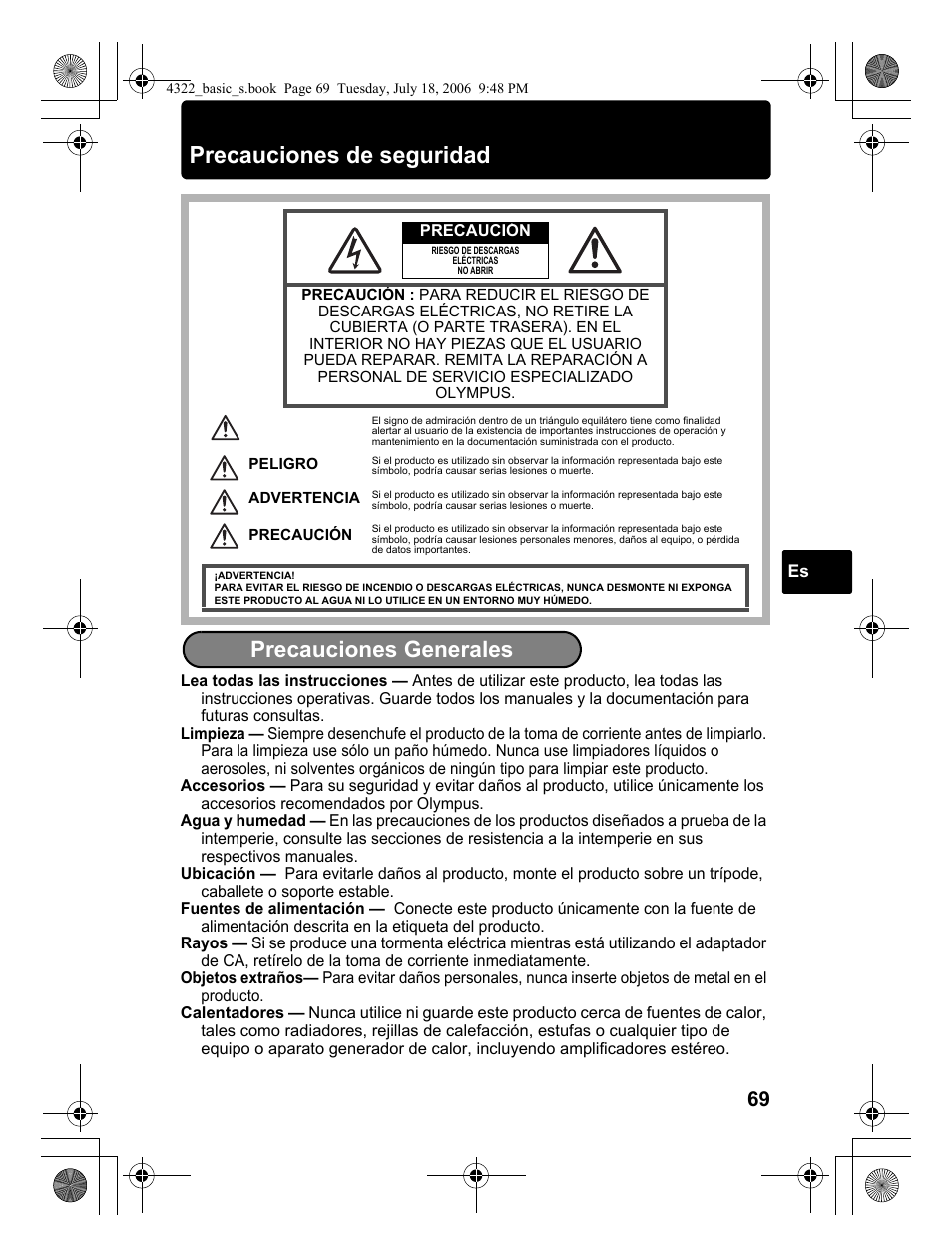 Precauciones de seguridad, Precauciones generales | Olympus SP-510 UZ User Manual | Page 69 / 76