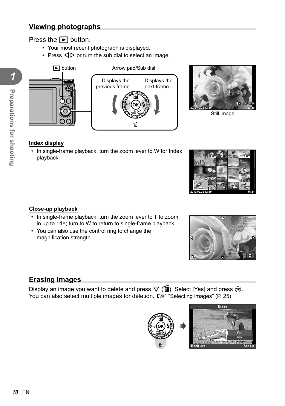 Viewing photographs, Erasing images, Press the q button | 10 en preparations for shooting | Olympus XZ-10 User Manual | Page 10 / 89