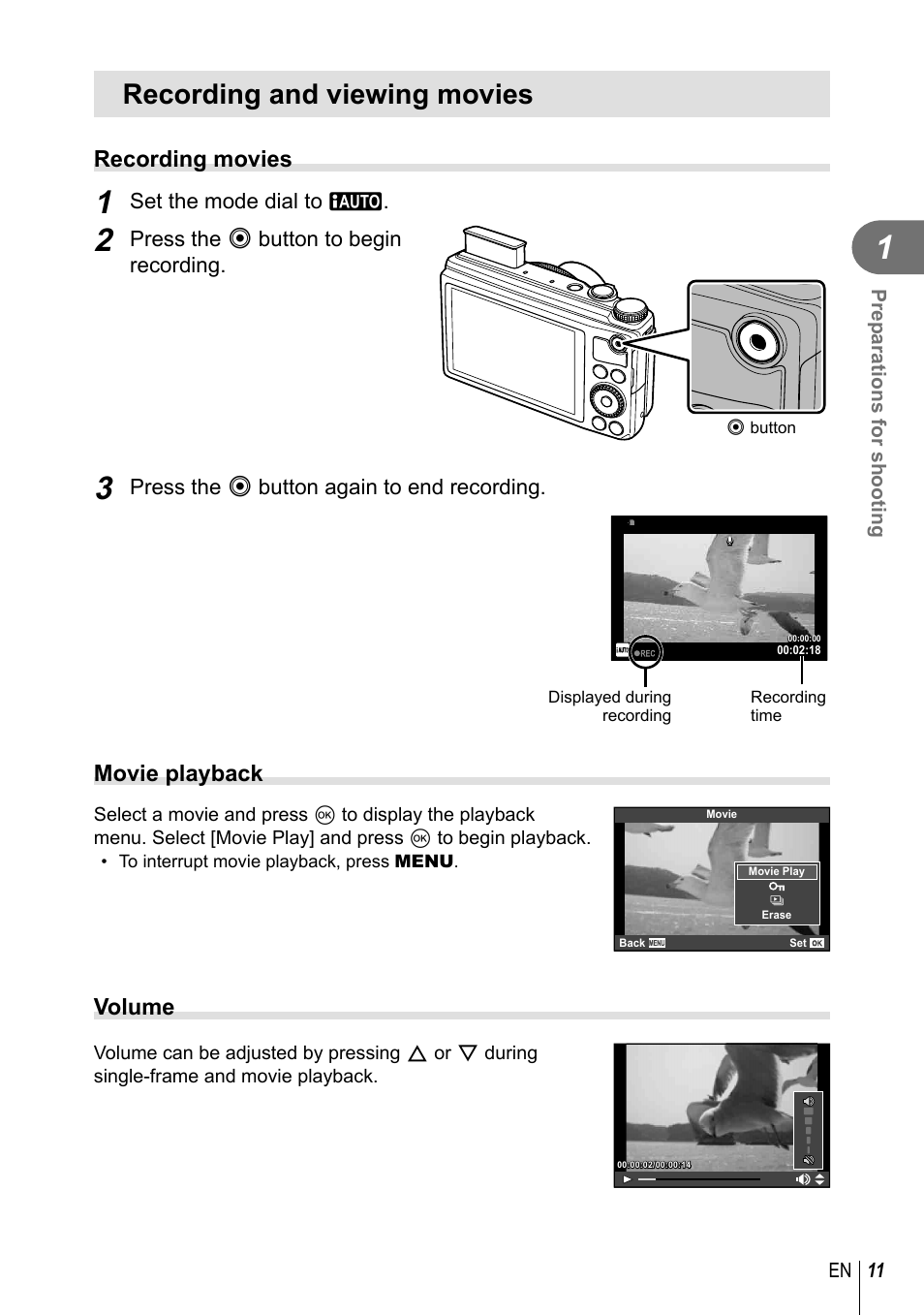 Recording and viewing movies, Recording movies, Movie playback | Volume | Olympus XZ-10 User Manual | Page 11 / 89