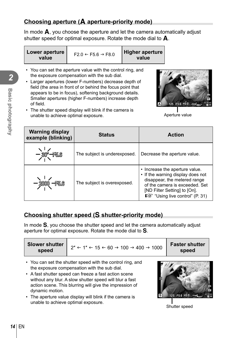 Choosing aperture ( a aperture-priority mode), Choosing shutter speed ( s shutter-priority mode), 14 en basic photography | Lower aperture value, Higher aperture value, Warning display example (blinking) status action, Slower shutter speed, Faster shutter speed | Olympus XZ-10 User Manual | Page 14 / 89