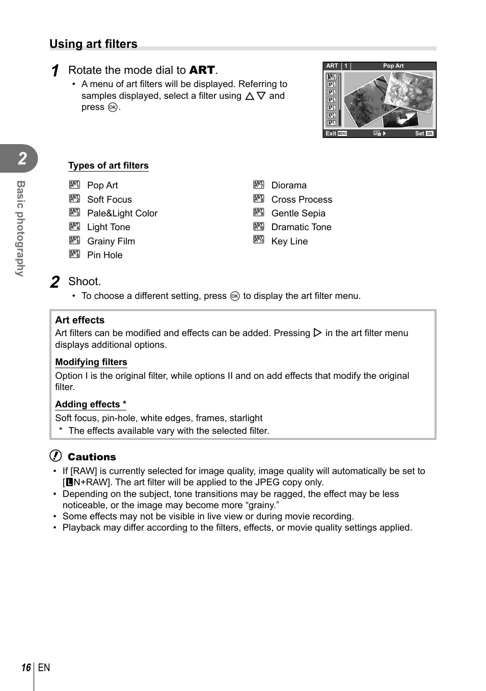 Using art filters, Rotate the mode dial to art, Shoot | Olympus XZ-10 User Manual | Page 16 / 89