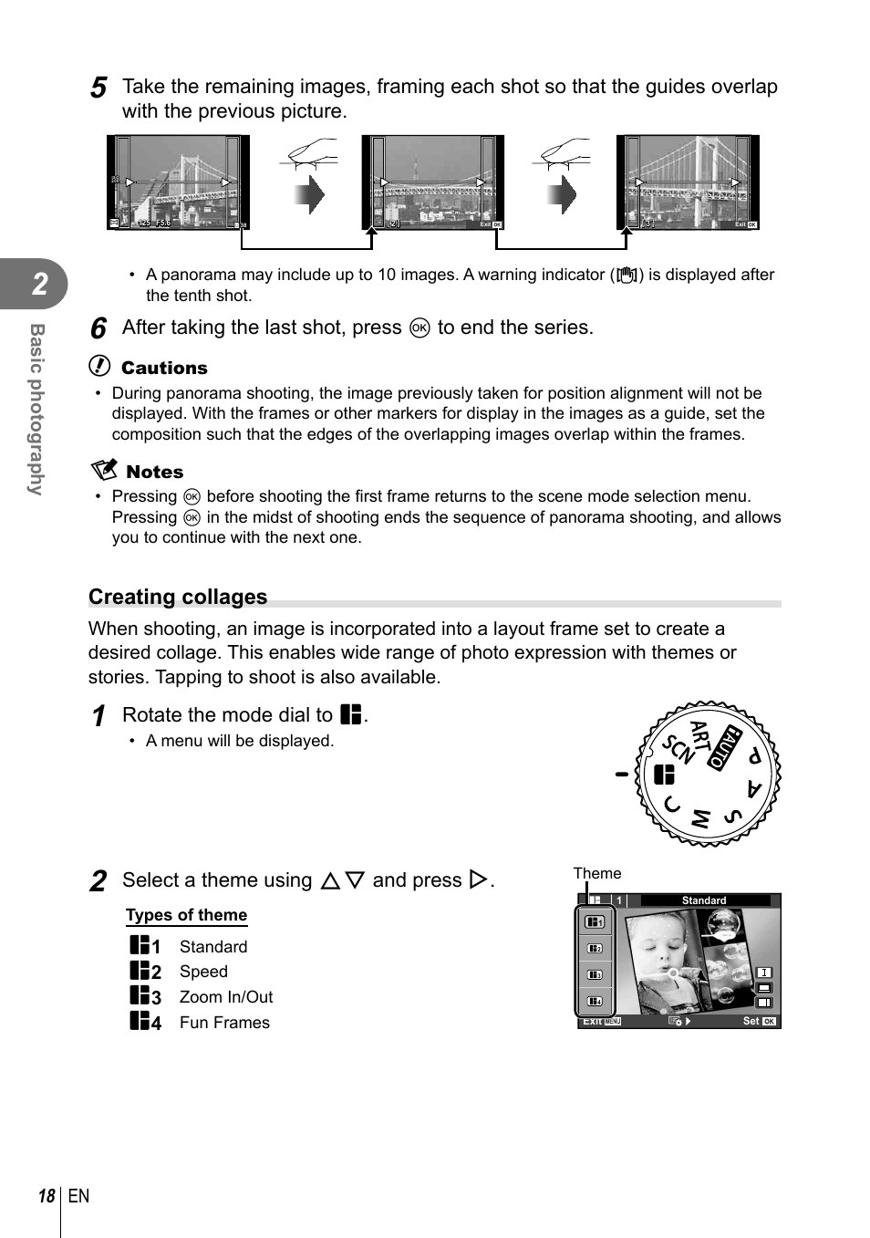 Creating collages, Rotate the mode dial to p, Select a theme using fg and press i | 18 en basic photography | Olympus XZ-10 User Manual | Page 18 / 89