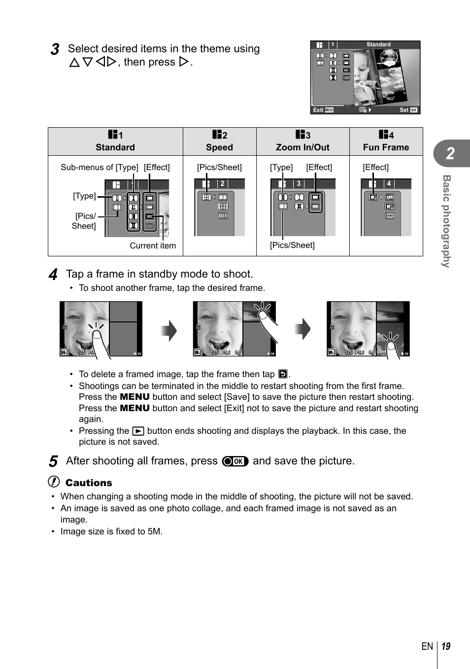 Tap a frame in standby mode to shoot, 19 en basic photography, Cautions | Olympus XZ-10 User Manual | Page 19 / 89