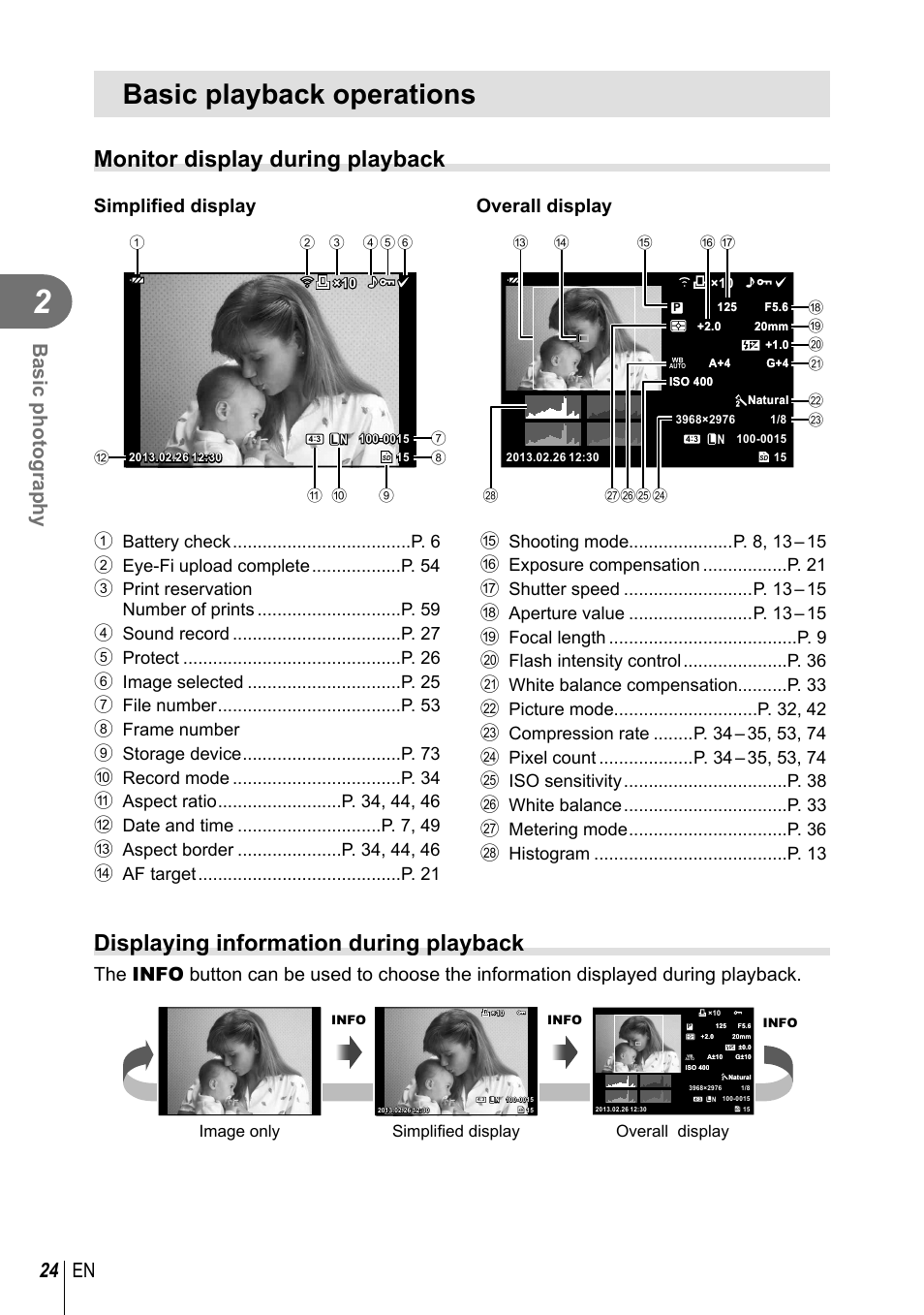 Basic playback operations, Monitor display during playback, Displaying information during playback | 24 en basic photography, Simplified display, Overall display, Simplified display image only | Olympus XZ-10 User Manual | Page 24 / 89