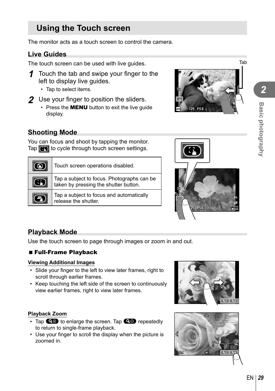 Using the touch screen, Live guides, Shooting mode | Playback mode, Use your finger to position the sliders, 29 en basic photography, The touch screen can be used with live guides | Olympus XZ-10 User Manual | Page 29 / 89