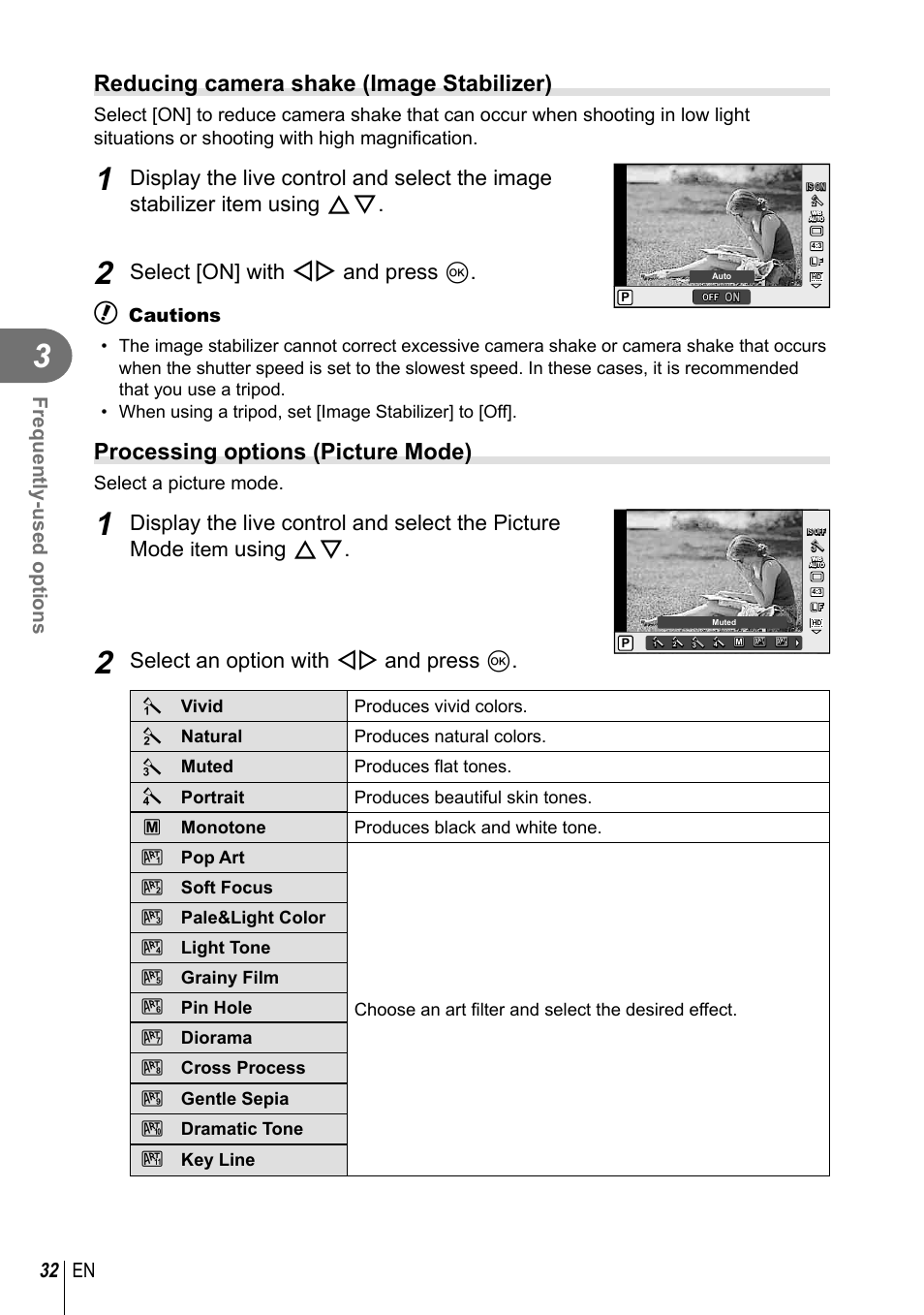Reducing camera shake (image stabilizer), Processing options (picture mode), Select [on] with hi and press q | Using fg, Select an option with, And press q, 32 en frequently-used options, Item, Cautions, Select a picture mode | Olympus XZ-10 User Manual | Page 32 / 89
