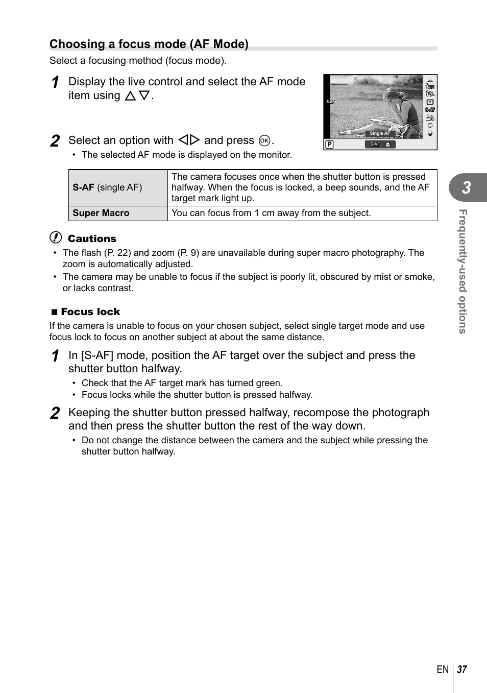 Choosing a focus mode (af mode), Select an option with hi and press q, 37 en frequently-used options | Olympus XZ-10 User Manual | Page 37 / 89