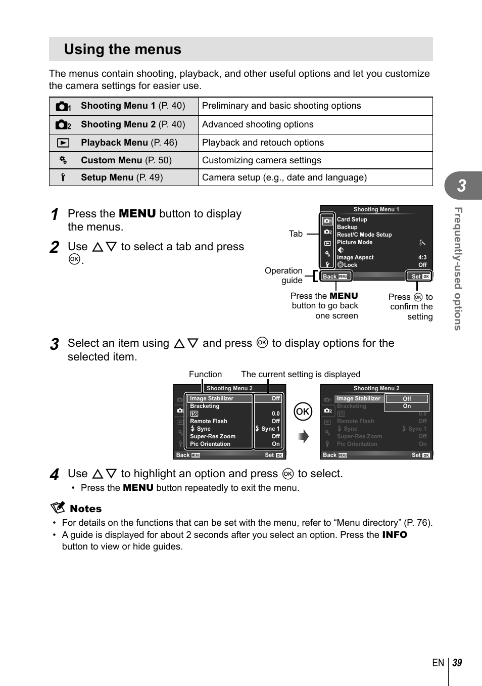 Using the menus, Press the menu button to display the menus, Use fg to select a tab and press q | 39 en frequently-used options | Olympus XZ-10 User Manual | Page 39 / 89