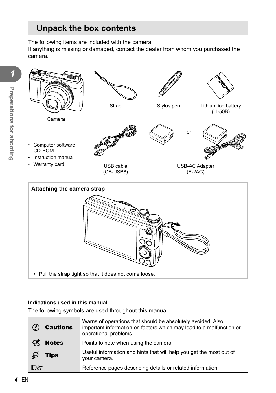Unpack the box contents | Olympus XZ-10 User Manual | Page 4 / 89