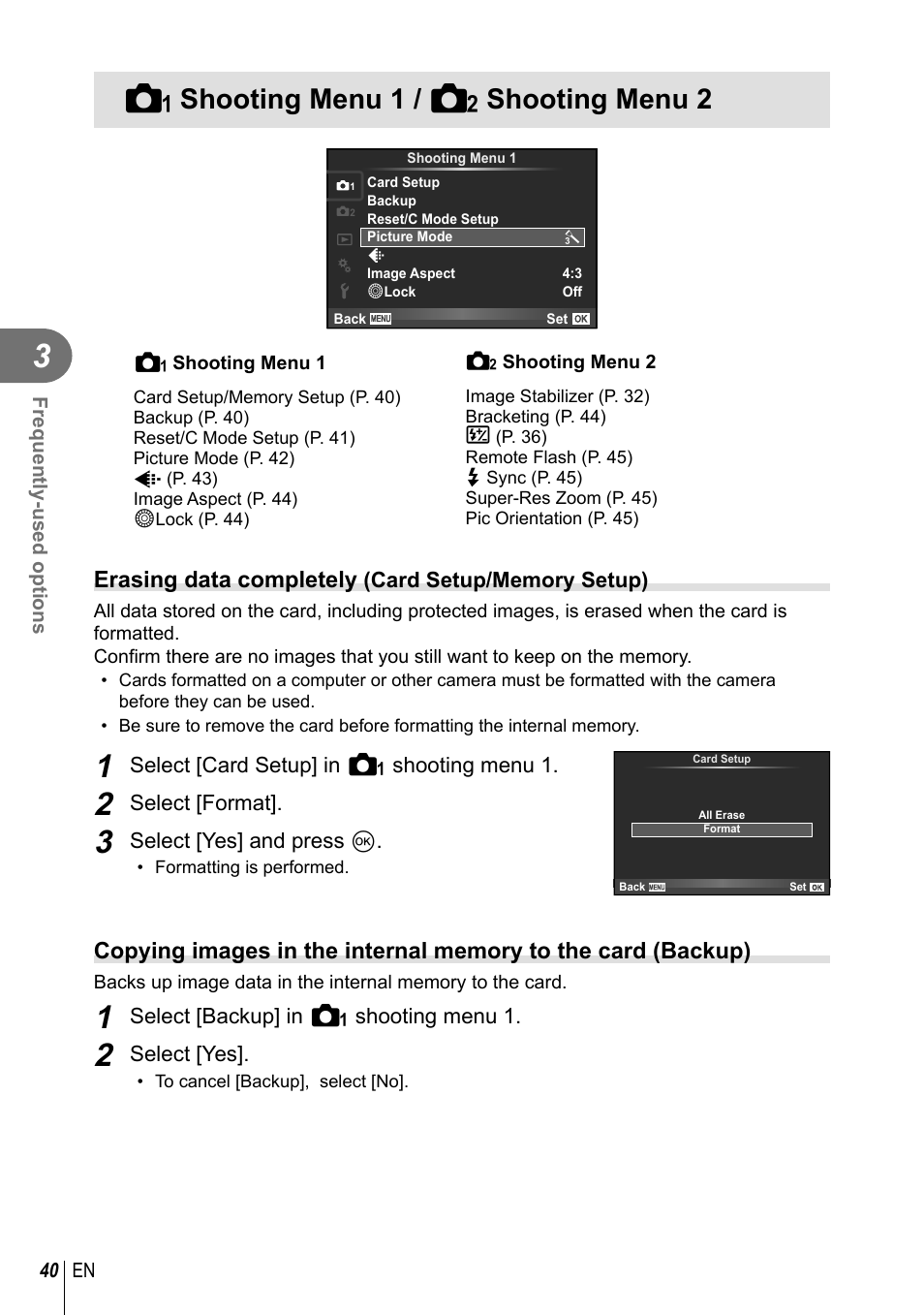 Shooting menu 1 / shooting menu 2, I shooting menu 1 / j shooting menu 2, Erasing data completely | Olympus XZ-10 User Manual | Page 40 / 89
