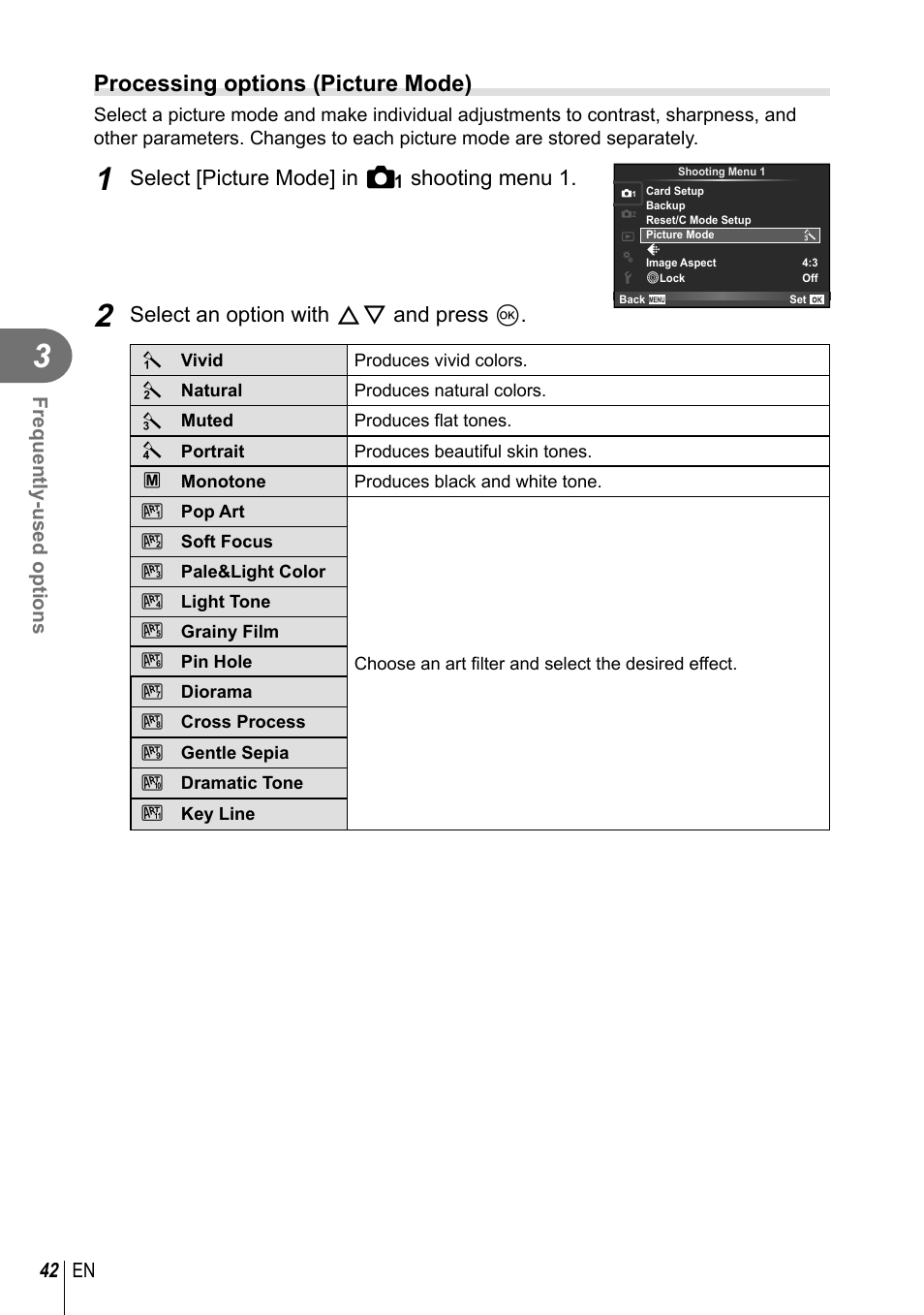 Processing options (picture mode), Select [picture mode] in i shooting menu 1, Select an option with fg and press q | 42 en frequently-used options | Olympus XZ-10 User Manual | Page 42 / 89