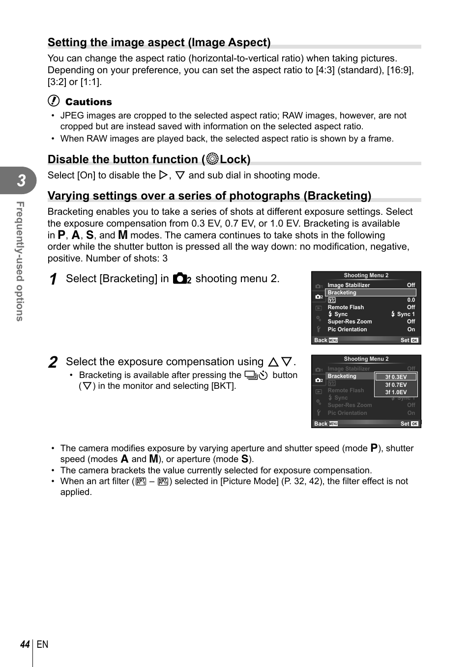 Setting the image aspect (image aspect), Disable the button function ( d lock), Select [bracketing] in j shooting menu 2 | Select the exposure compensation using fg, 44 en frequently-used options, Cautions | Olympus XZ-10 User Manual | Page 44 / 89