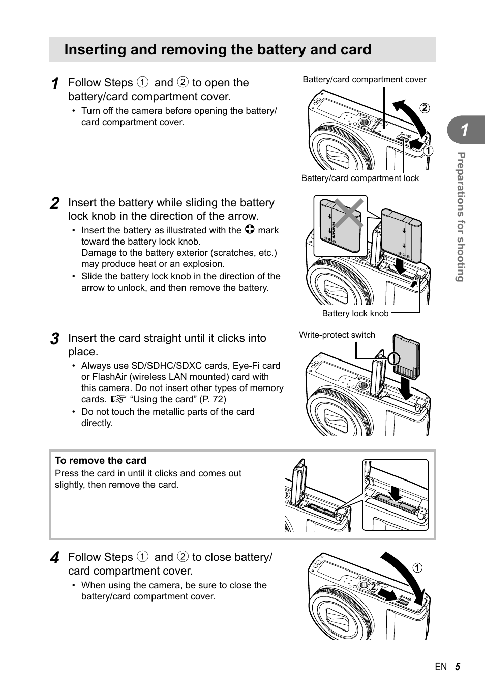 Inserting and removing the battery and card | Olympus XZ-10 User Manual | Page 5 / 89