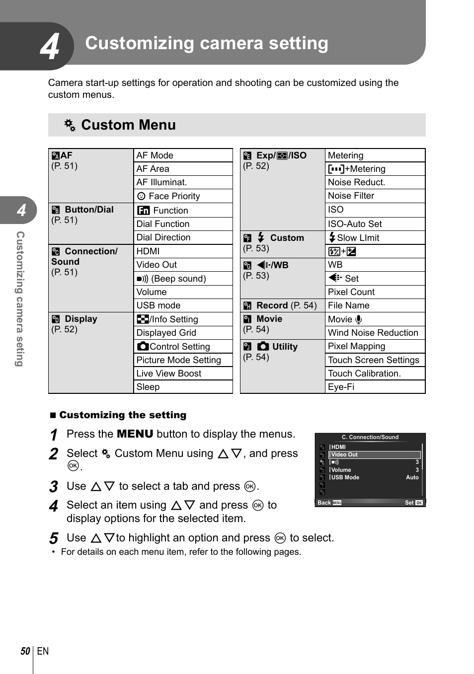 Customizing camera setting, Custom menu, C custom menu | Olympus XZ-10 User Manual | Page 50 / 89