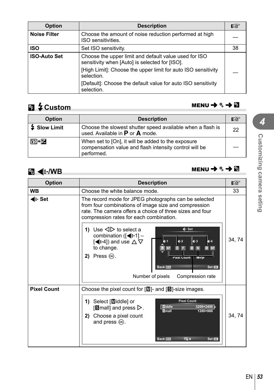 W# custom, X k /wb, 53 en customizing camera seting | Olympus XZ-10 User Manual | Page 53 / 89