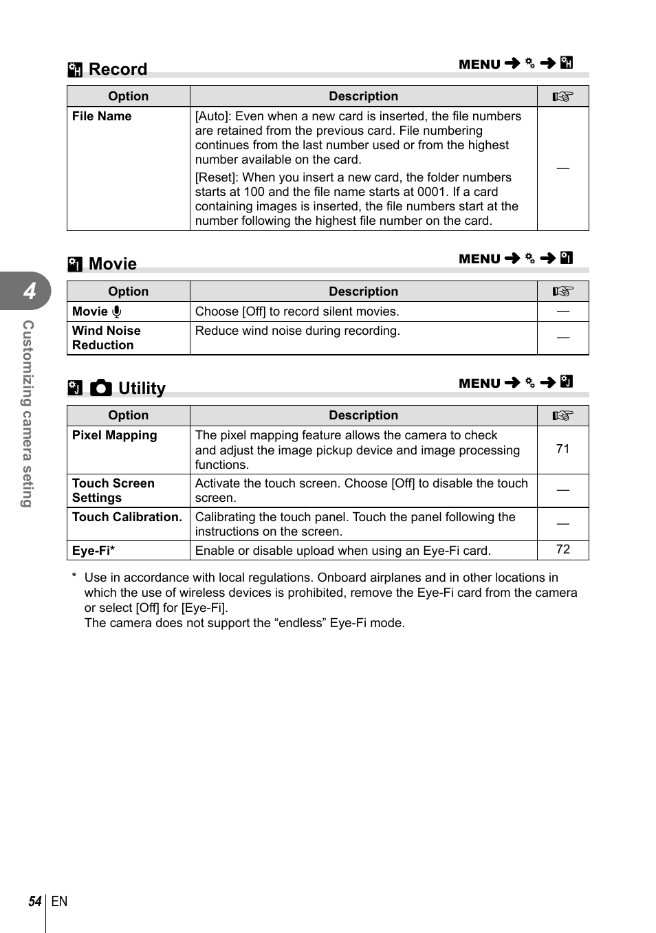 Y record, Z movie, B k utility | Olympus XZ-10 User Manual | Page 54 / 89