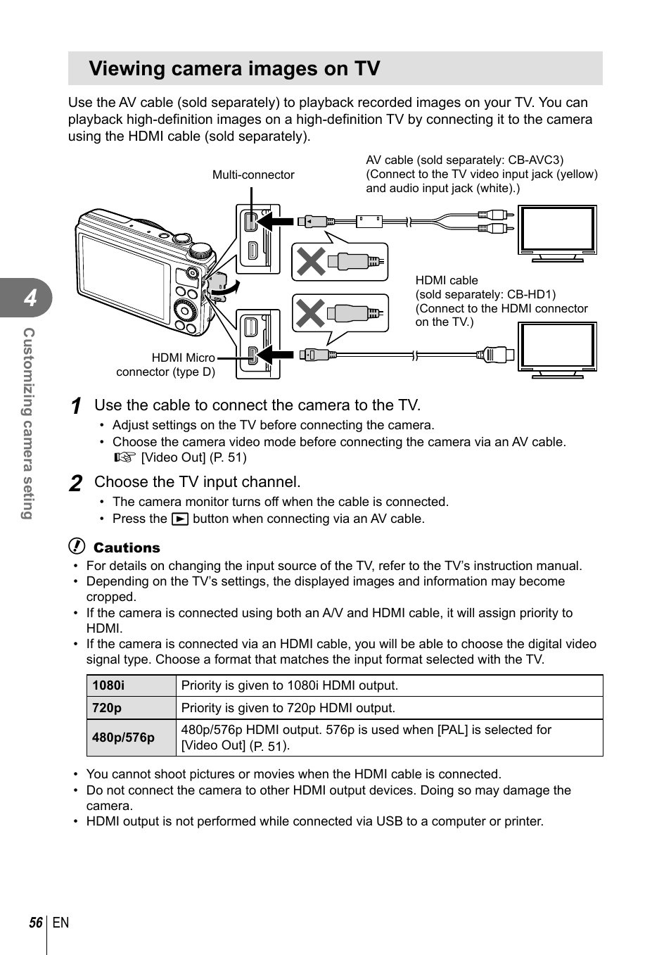 Viewing camera images on tv | Olympus XZ-10 User Manual | Page 56 / 89
