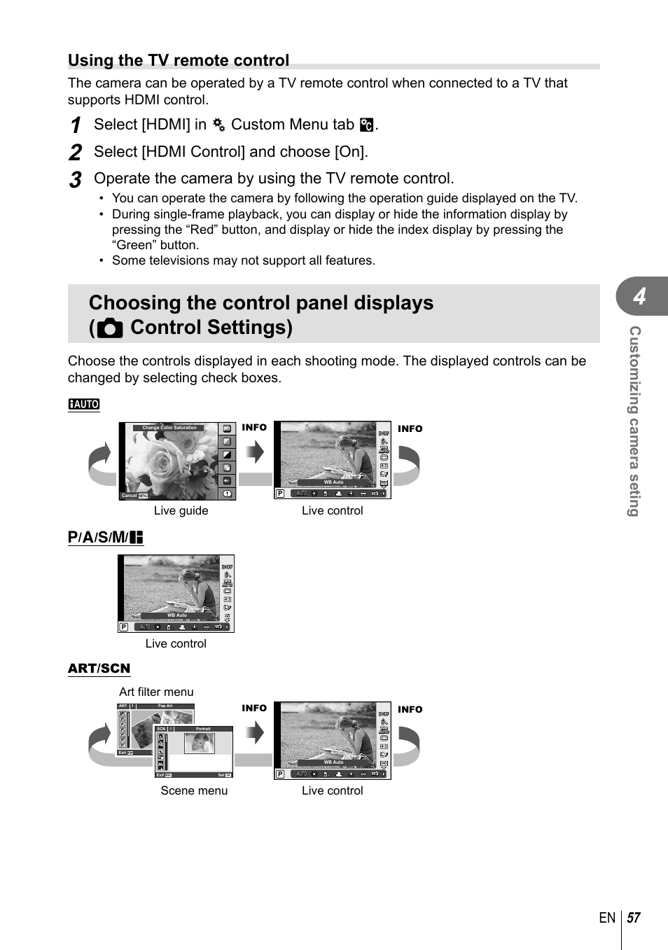 Choosing the control panel displays, Using the tv remote control, Select [hdmi] in c custom menu tab t | Select [hdmi control] and choose [on, Operate the camera by using the tv remote control, 57 en customizing camera seting, P / a / s / m / p, Art / scn, Live guide, Live control | Olympus XZ-10 User Manual | Page 57 / 89
