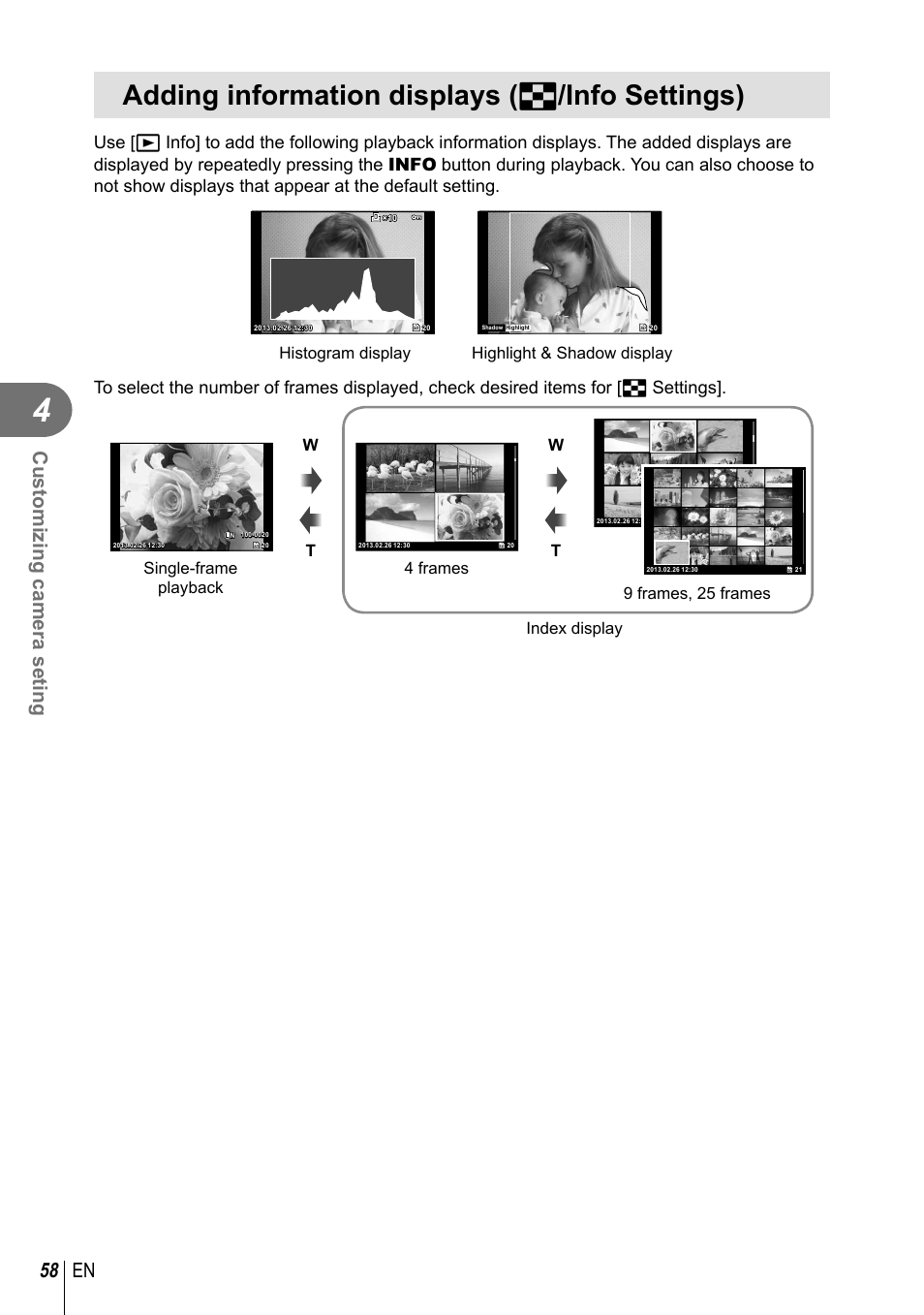 Adding information displays, Adding information displays ( g /info settings), 58 en customizing camera seting | Highlight & shadow display histogram display, 4 frames, Single-frame playback 9 frames, 25 frames | Olympus XZ-10 User Manual | Page 58 / 89