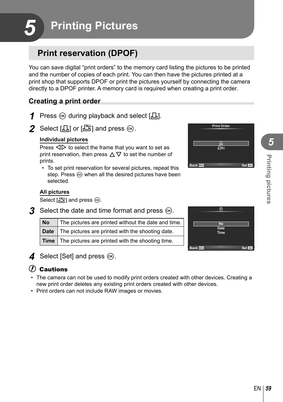 Printing pictures, Print reservation (dpof) | Olympus XZ-10 User Manual | Page 59 / 89
