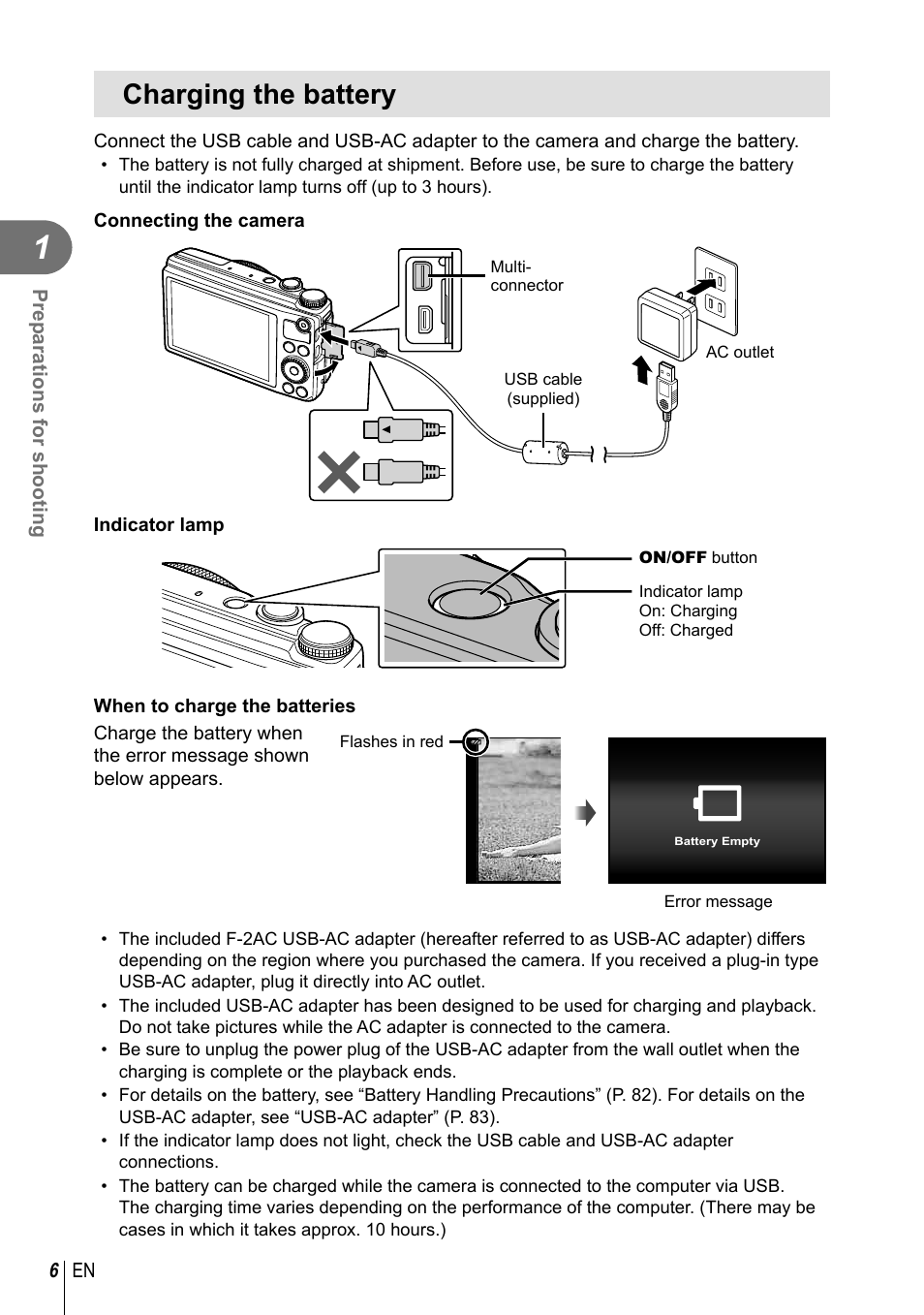 Charging the battery | Olympus XZ-10 User Manual | Page 6 / 89