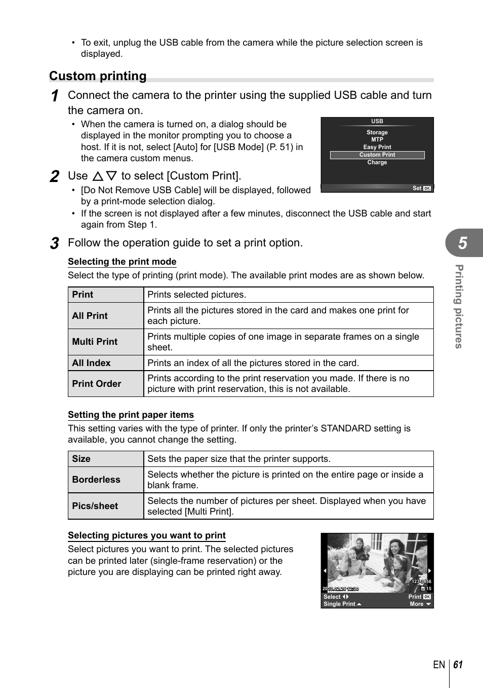 Custom printing, Use fg to select [custom print, Follow the operation guide to set a print option | 61 en printing pictures | Olympus XZ-10 User Manual | Page 61 / 89