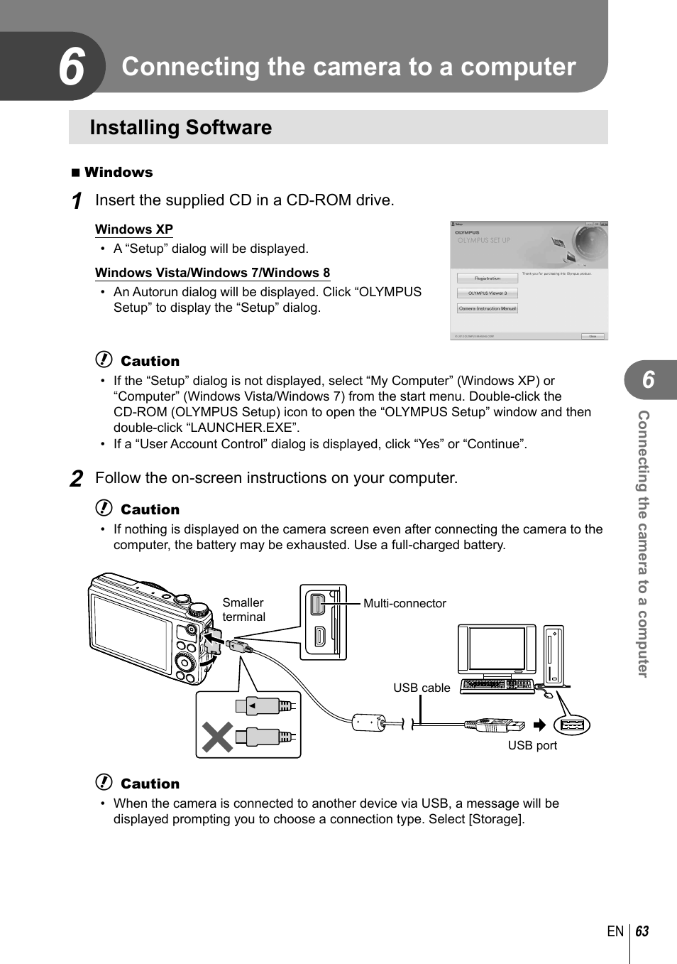 Connecting the camera to a computer, Installing software | Olympus XZ-10 User Manual | Page 63 / 89