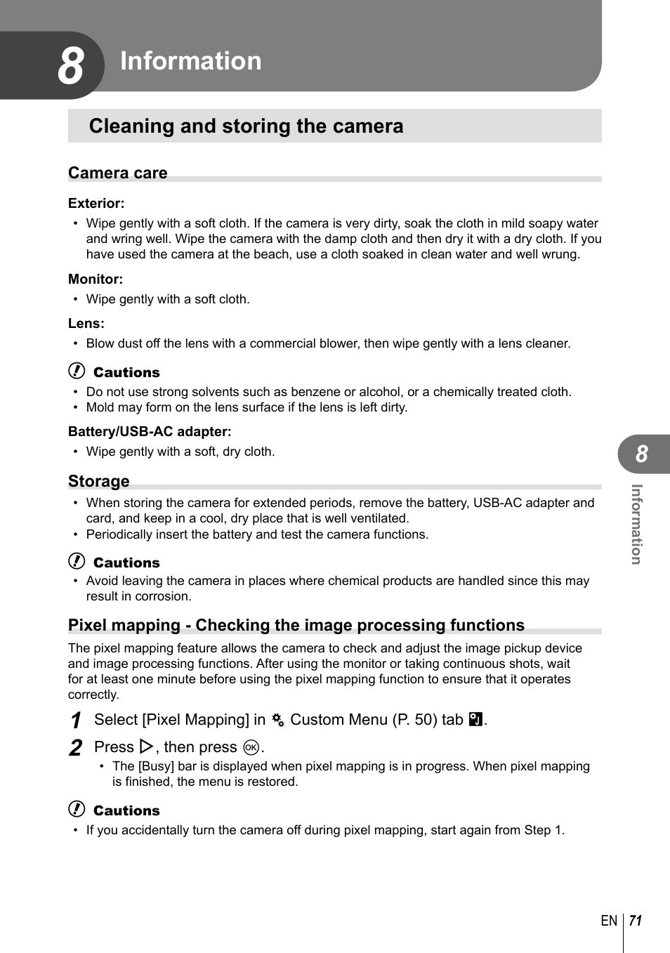Information, Cleaning and storing the camera | Olympus XZ-10 User Manual | Page 71 / 89